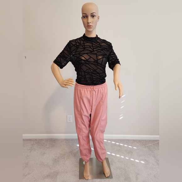 SHEIN Dusty Pink Knot Waist PU Leather Pants & Black Mock Neck Geo Mesh Top Set - Picture 2 of 8